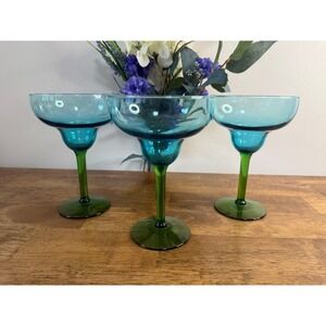 Vintage Blue Green Margarita Glasses Art Glass Cocktail Goblets Mexican Style